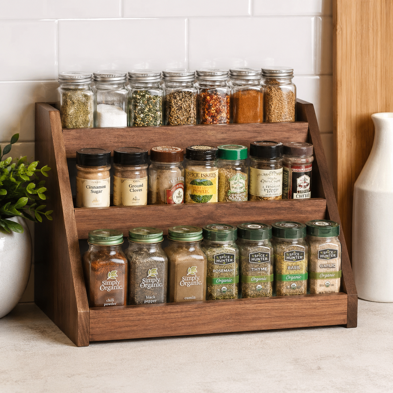 3-Tier Wooden Spice Rack Organizer for Kitchen Countertop – 13.8 Inch Step Shelf Storage Holder for Spice Jars, Seasonings, Pantry & Cabinet Organization